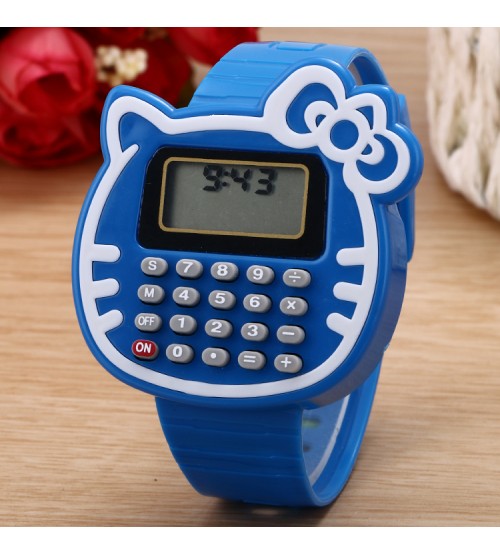 Cat Shape Digital Watch with Calculator, Kids Fashion Watch, Sports Watch, Blue Color